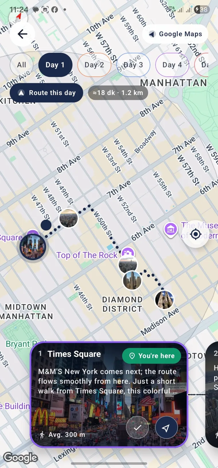 Tripwoa route map linking the day’s New York sights