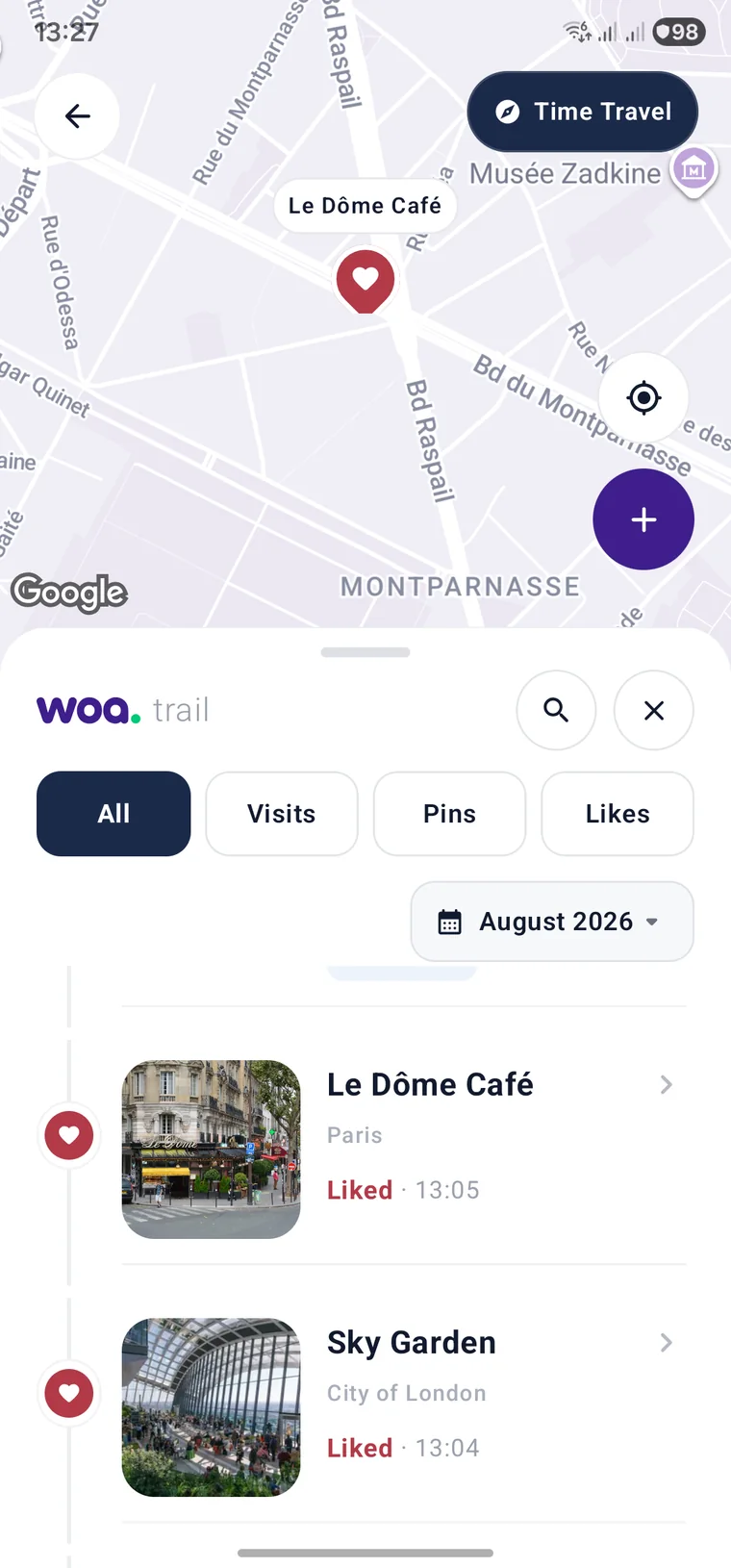 WoaTrail showing saved places on a map of Paris