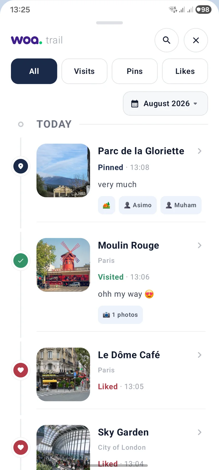 WoaTrail timeline with visited places, personal notes and photos